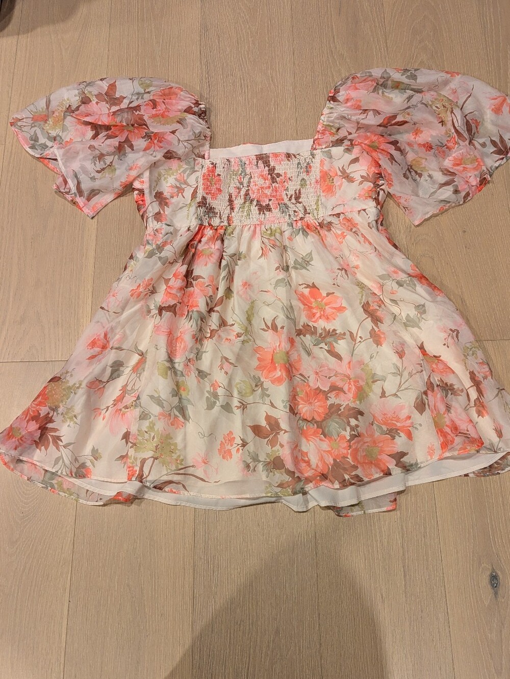 Floral Puff-Sleeve Mini Dress in Cream & Coral - Picture 7 of 7